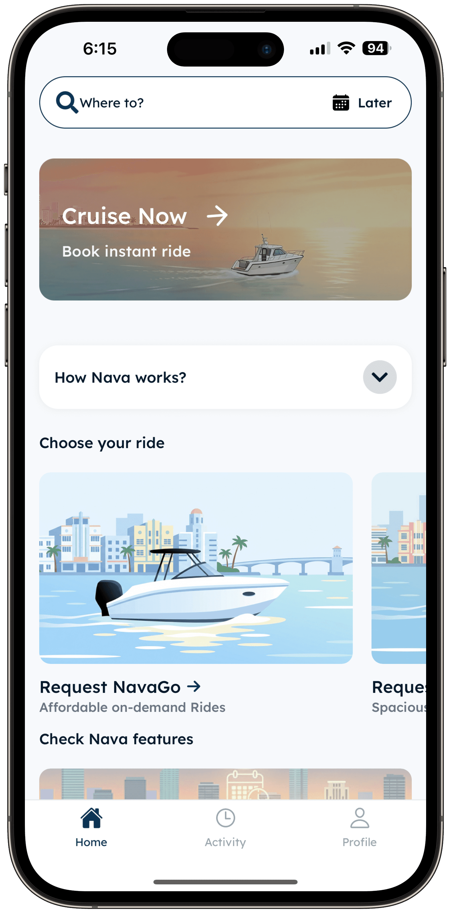 Nava rider app — Cruise Now instant ride, choose your ride, NavaGo on-demand