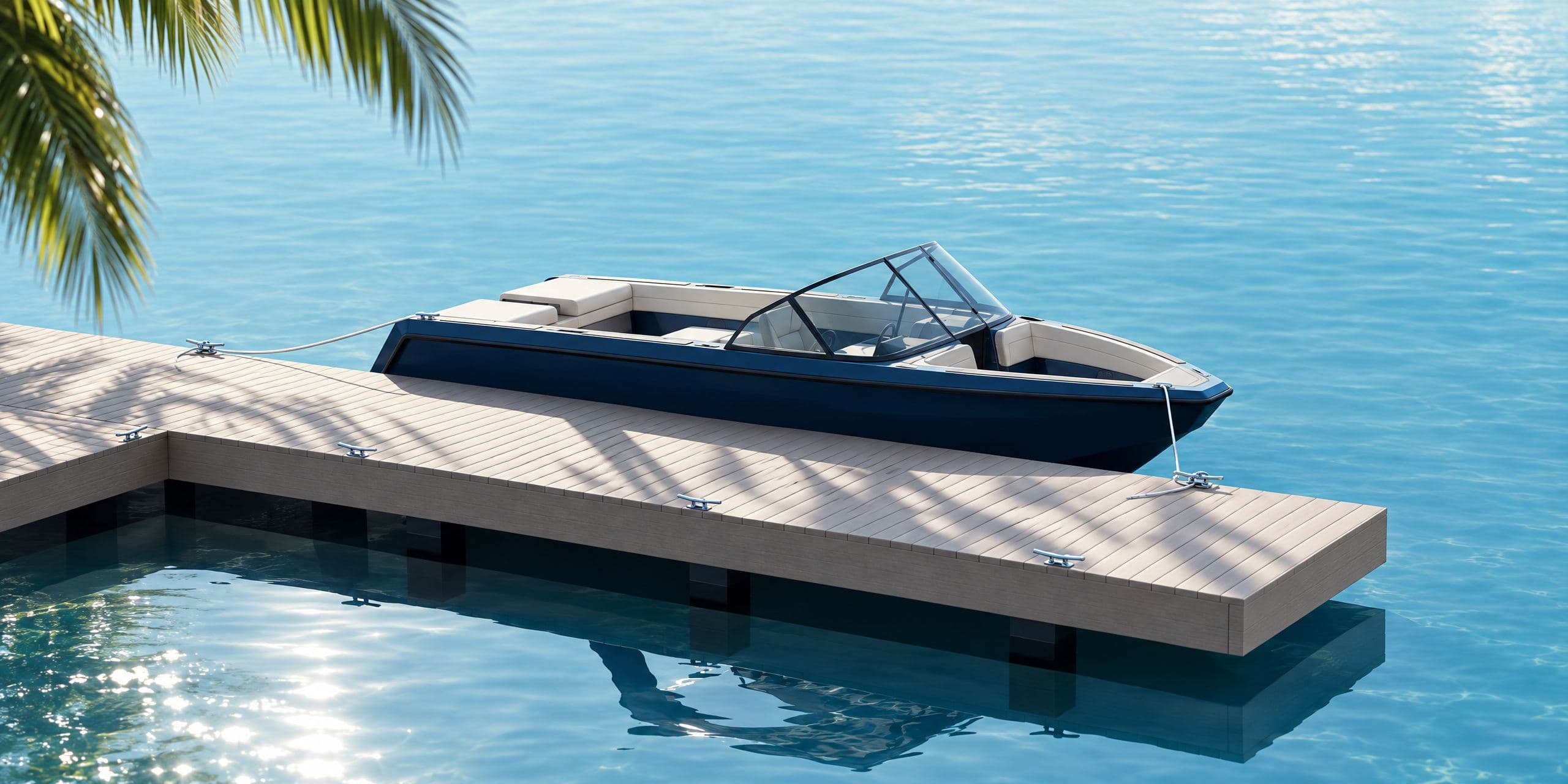 A dark blue runabout tied up at a wooden floating dock on clear bay water, a palm frond overhead