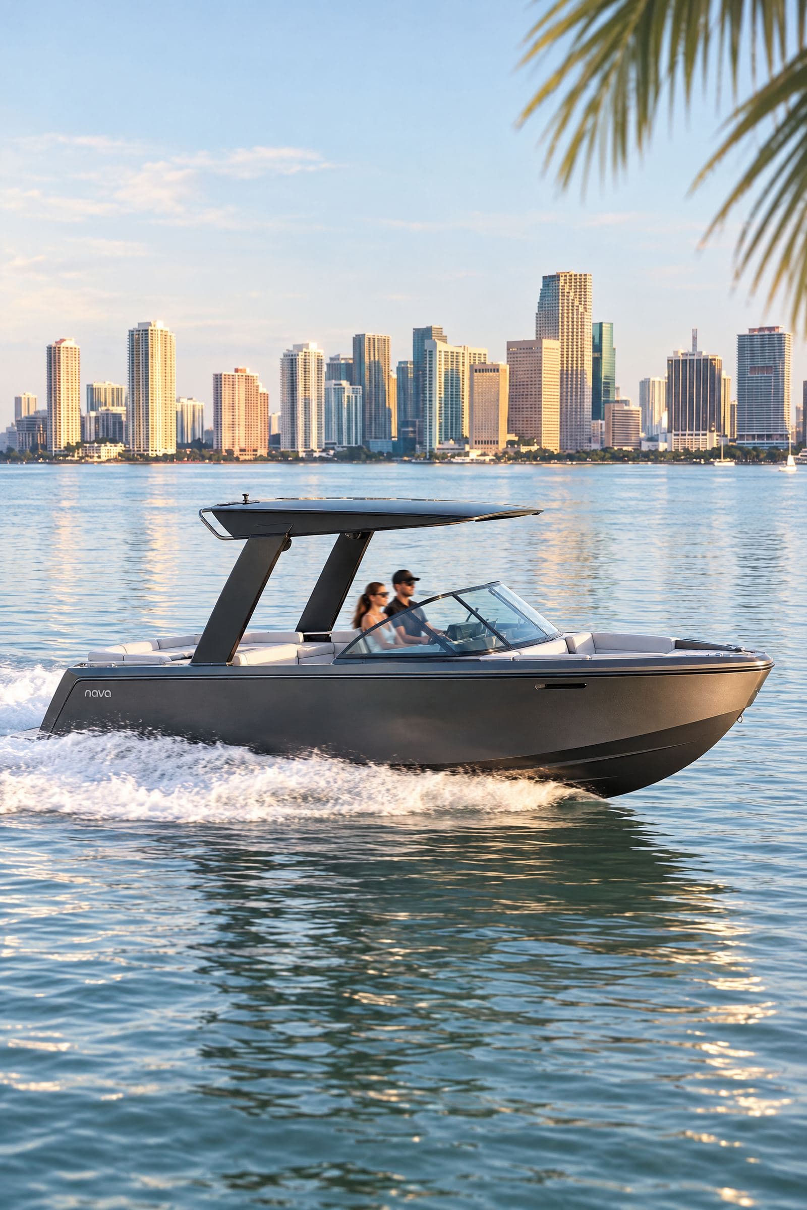 A Nava boat crossing Biscayne Bay with two people aboard, the Miami skyline behind it