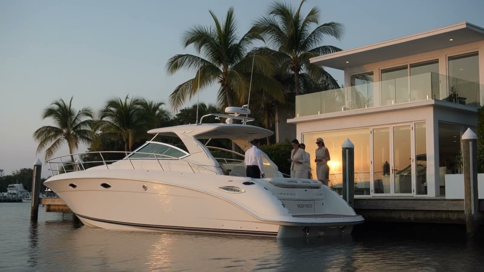 A boat tied up at a private home's dock at dusk, the captain and guests stepping aboard