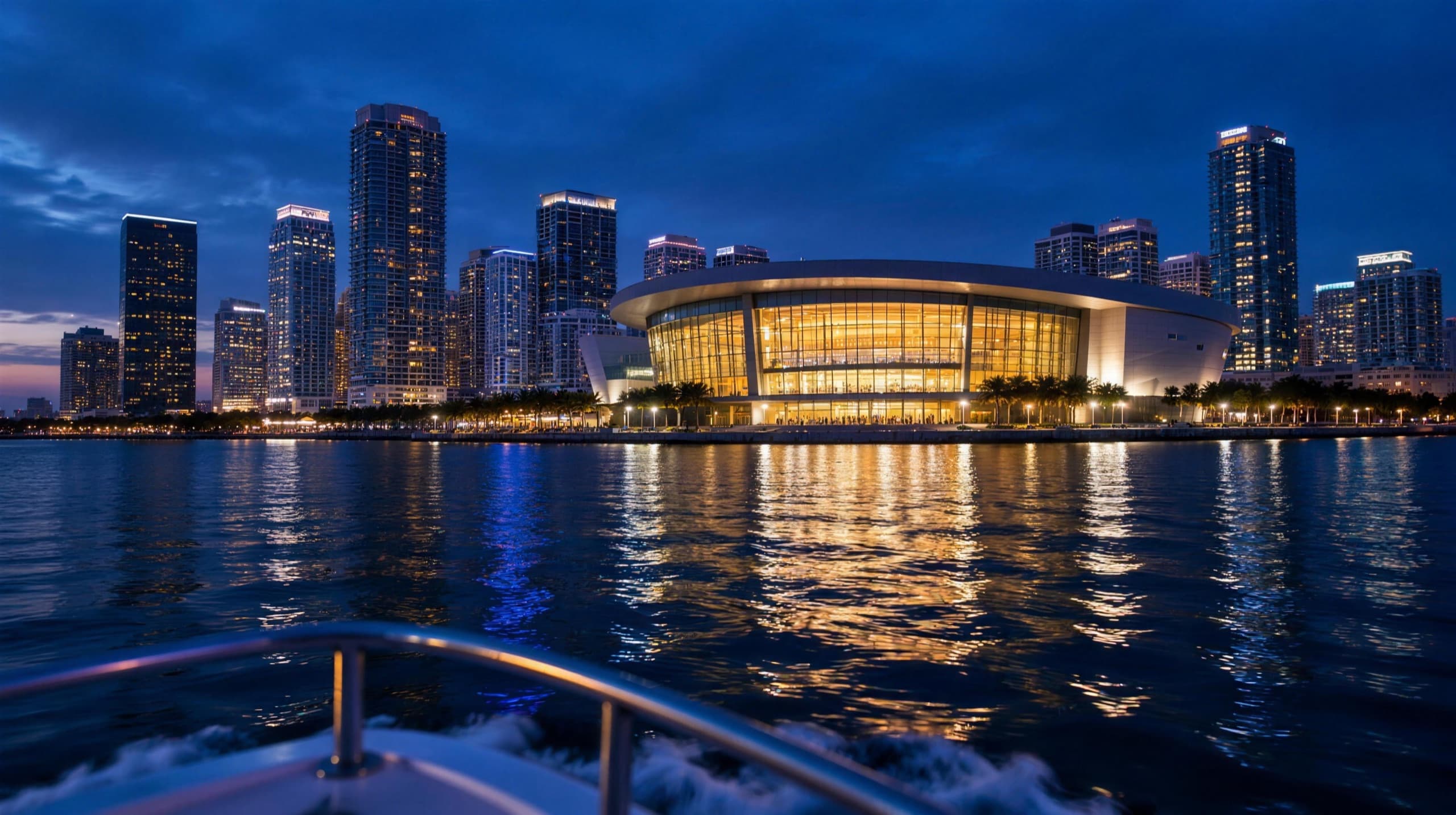 Approaching a lit downtown arena on the bay at dusk from the bow of a boat, the skyline behind it