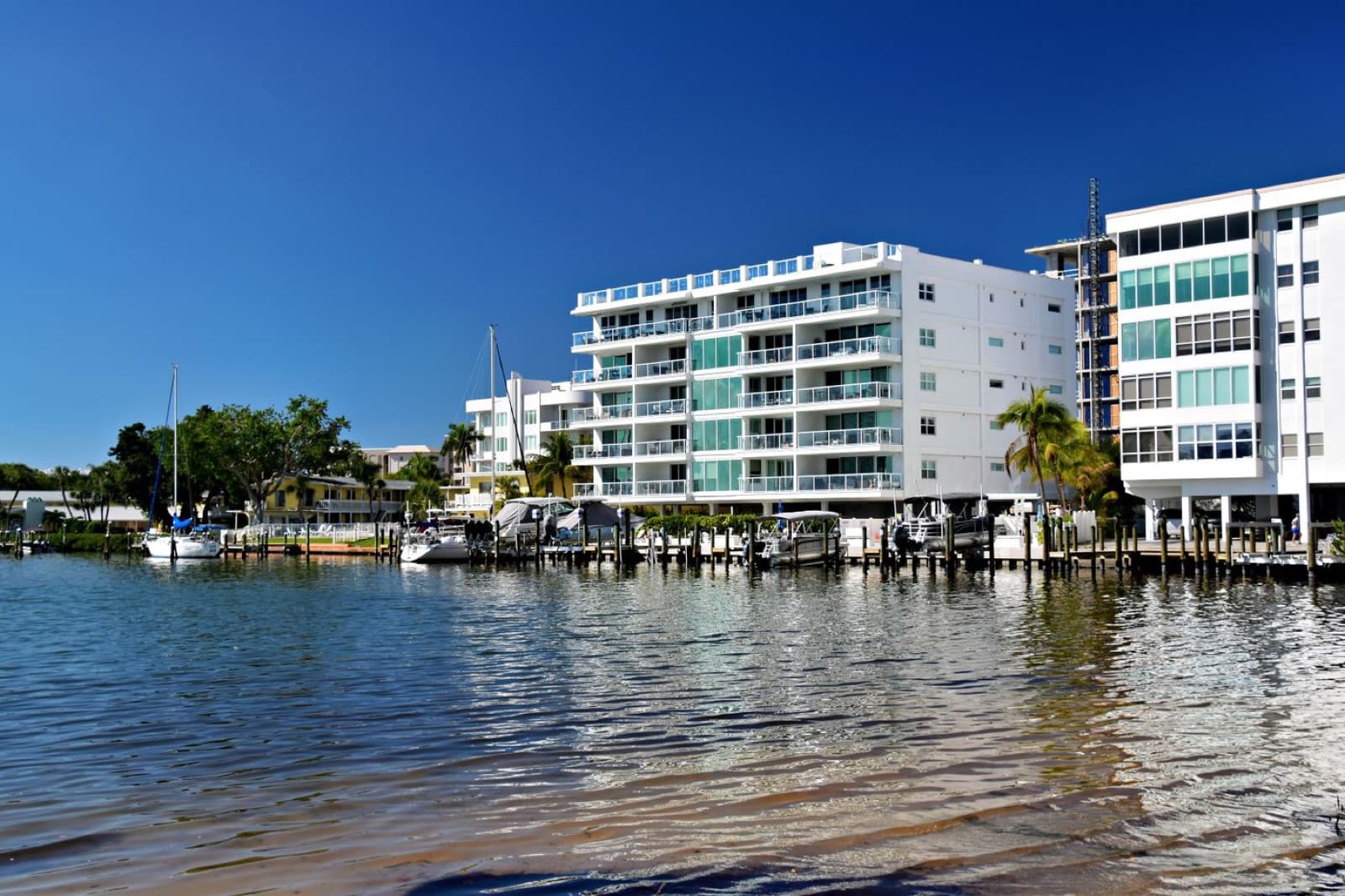 A waterfront condominium with its own boat docks on a Miami waterway